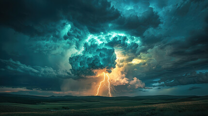 Sticker - A dramatic, wide-angle scene of a powerful thunderbolt striking from a large, glowing green cloud in a dark, stormy sky. 
