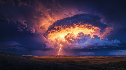 Sticker - A dramatic, wide-angle scene of a powerful thunderbolt striking from a large, glowing purple cloud in a dark, stormy sky. 