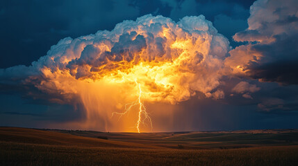 Sticker - A dramatic, wide-angle scene of a powerful thunderbolt striking from a large, glowing yellow cloud in a dark, stormy sky. 