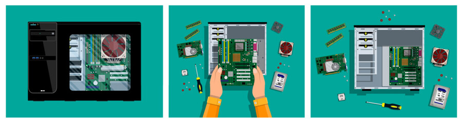 Computer internal components vector set with hands assembling motherboard concept illustration for technology and repair service.