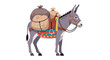 © Raisya - Illustration of a Burdened Donkey Carrying Sacks with a Colorful Saddle Blanket and Bridle Cartoon Style Animal Design