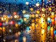 © Muksitur - Abstract rain drops on a window with blurred city lights in the background, creating a colorful and atmospheric urban scene at night