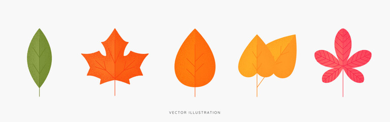 Autumn leaves icon set with stipple effects. Colourful fall leaf with sand grain or dots texture. Maple, oak, birch, ash leaf. Minimalistic and modern design. Vector illustration