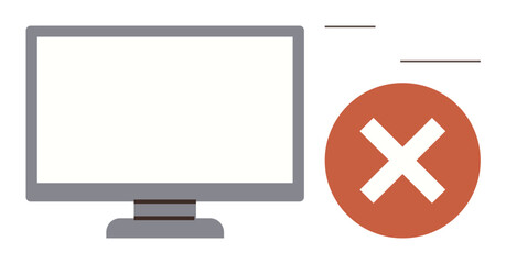 Desktop monitor next to a red circular error icon with a white cross. Ideal for tech error, website failure, data glitch, troubleshooting, security warning, process interruption, or system issue