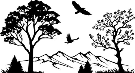 the image depicts a black and white nature scene with mountains, trees, and birds in flight.
