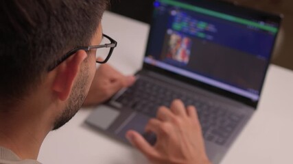 An Individual Deeply Focused on Working with a Laptop while Engaged in Programming Tasks AI and deep learning. Neural network model and diagram. Businessman using laptop computer to train AI.