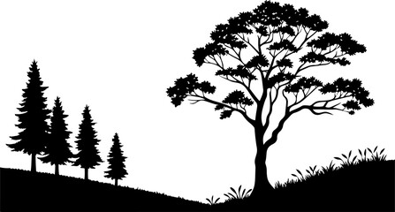 silhouetted trees and grass dot a stark landscape.