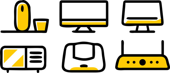 Design a set of 6 outlined icons, featuring a computer setup, including a computer mouse, screen, printer, and a router, for use in technology and design projects