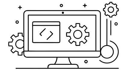Explore the world of coding with this stylish one-line drawing of a desktop monitor featuring coding symbols, perfect for illustrating software development concepts.