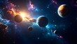 © task - A vibrant and colorful cosmic scene featuring several planets amidst swirling nebulae and sparkling stars in deep space.