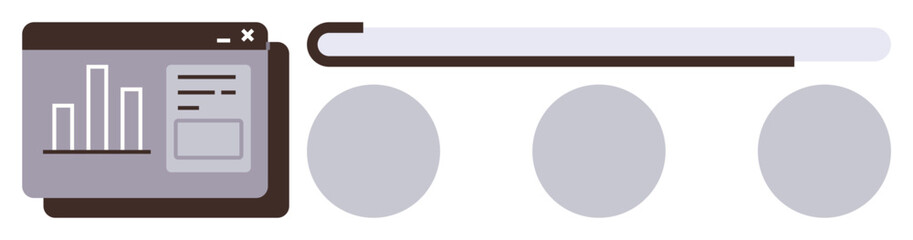 Browser window displaying bar chart and details, horizontal progress bar above three circles. Ideal for data analysis, workflow, reporting, analytics, UI design, performance tracking, simple flat
