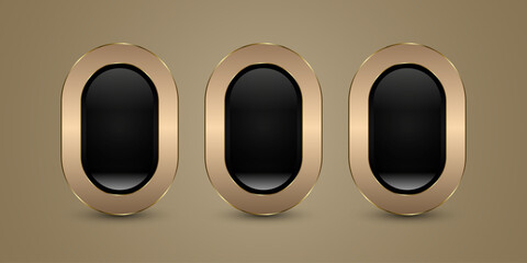Group of three Luxury Oval Buttons, Symbols with 3 sleek oval-shaped buttons with a glossy black center framed by an elegant metallic gold border. gradient and Vector
