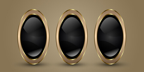 Group of three Luxury Oval Buttons, Symbols, with sophisticated vertically-oriented oval button featuring a deep, glossy black center with soft reflections Vector