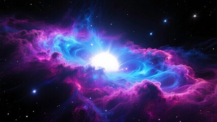 Deep space scene featuring a vibrant nebula glowing with brilliant shades of electric blue, magenta, and purple, surrounding a radiant white stellar core.
