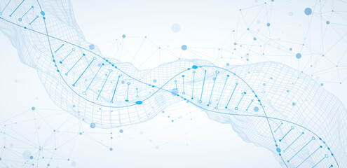 Wall Mural - abstract image of dna molecule on wireframe wave. scientific vector background.