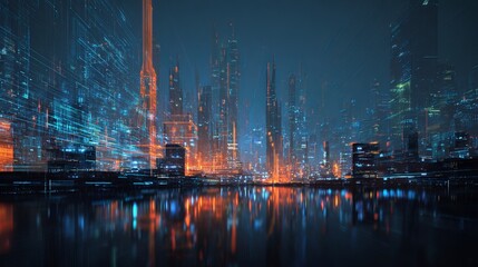 Wall Mural - futuristic cityscape reflecting vibrant lights, a stunning vision of the digital future, inspiring i