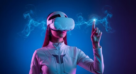 A woman is using a virtual reality headset to access in metaverse. Woman using a futuristic VR headset with an immersive digital interface display