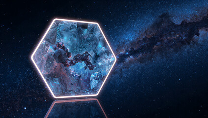 Wall Mural - Hexagonal lattice wave, isometric glass tiles with neon edge lights, deep-space backdrop