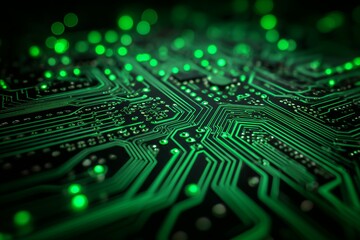 close up view of a green electronic circuit board with bokeh effects and visible chips and traces. c