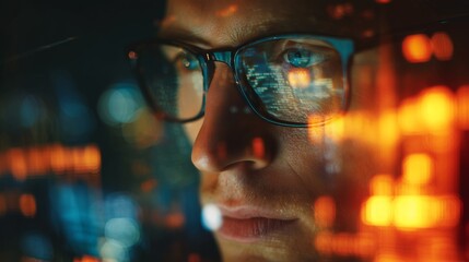 Close-up of a man wearing glasses with code reflected in them, bright bokeh overlayed. Concept for software engineering, cybersecurity, and data visualization