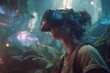 © Vitalii Shkurko - Gamer experiences a captivating 3D fantasy realm while wearing a VR headset. Holographic interfaces illuminate her surroundings in a lush, mystical environment, fully engaging her senses