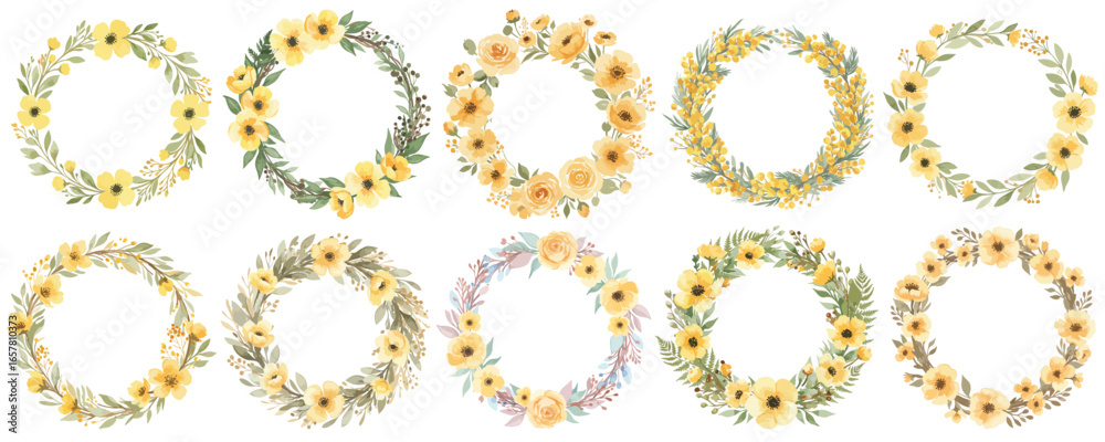イエローのフラワーリースの水彩風ベクターセット 花冠 / 花輪と草の可愛いイラスト 