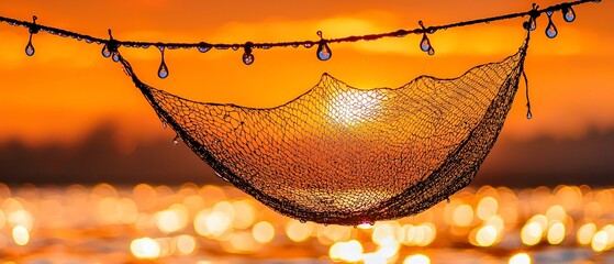 Fishing Net Silhouette with Water Droplets Reflecting Sunset's Golden Glow