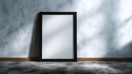 Wall Mural - minimalist blank frame on modern wooden shelves against a gray wall