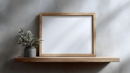 Wall Mural - a simple wooden frame on a minimal shelf with a potted plant long title a clean empty wooden frame s