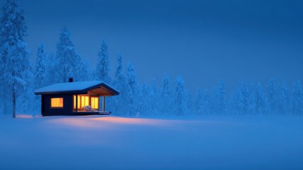 Wall Mural - Cozy cabin illuminated at dusk amidst a serene snowy forest landscape, evoking winter tranquility