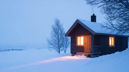 Wall Mural - cozy wooden cabin illuminated at dusk in a snowy landscape, surrounded by trees under a winter sky