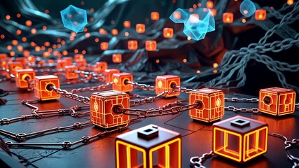 Glowing blockchain digital network with futuristic cubes, chains, and data connections in abstract cyberspace design