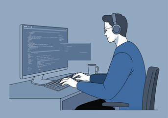 Programmer coding at desk in blue hues, wearing headphones, code on screen for website use