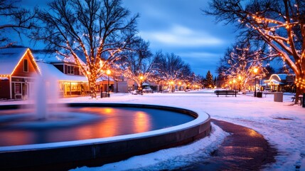 Wall Mural - Winter evening scene featuring a fountain surrounded by snow-covered trees and festive lights