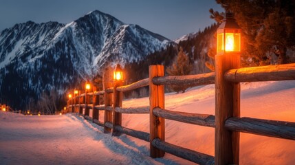 Wall Mural - Serene winter landscape featuring a wooden fence illuminated by lanterns against a mountain backdrop