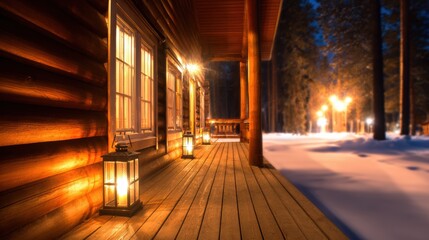 Wall Mural - Cozy cabin porch illuminated by lanterns at dusk, surrounded by snow-covered trees and a serene winter landscape