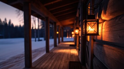 Wall Mural - cozy cabin porch illuminated by lanterns at dusk, surrounded by snowy landscape and forest backdrop