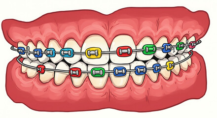 Vibrant and Clear Educational Illustration of Human Teeth with Orthodontic Braces Featuring Colorful Bands for Dental Correction and Oral Health