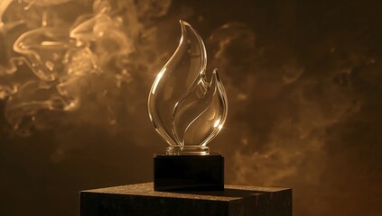 Abstract glass sculpture with wispy smoke and warm lighting