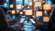 © Robin - Email marketing workflow concept. professionals using mobile devices, and laptops with glowing message icons, representing campaign automation, outreach strategy, business communication strategy.