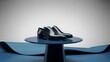© cd - Black men Shoes Displayed on Blue Stand, Elegant Pair of black  Leather Loafers on Minimal Display Stand, created with generative ai