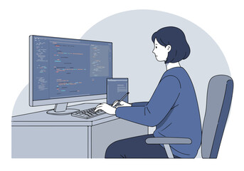 Programmer typing code on computer at desk with background program for web development