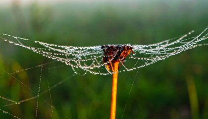 a delicate spiderweb adorned with dewdrops, captured in a macro photography shot, revealing nature s