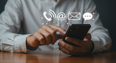 Man using smartphone for contact and communication with icons floating above