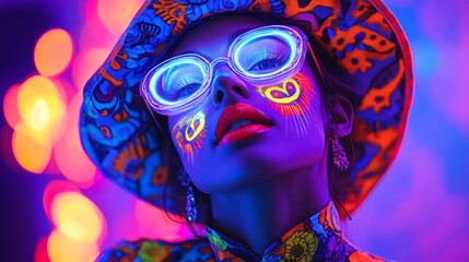 Wall Mural - An abstract background with bright makeup and neon-style glowing glasses is useful for poster design, music festival design, and creative projects.
