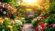 © Wiwik - A sun-drenched garden path winds through a vibrant display of colorful roses and other flowers, bathed in the warm glow of late afternoon sunlight.