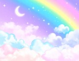 Fantazyjne, bajkowe, pastelowe tło z chmurami, księżycem, gwiazdami i tęczą