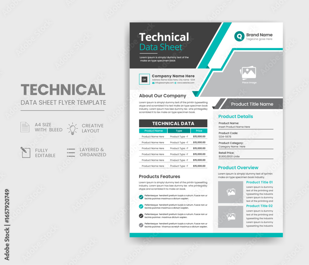 Technical Data Sheet Flyer Template Design Stock Vector | Adobe Stock