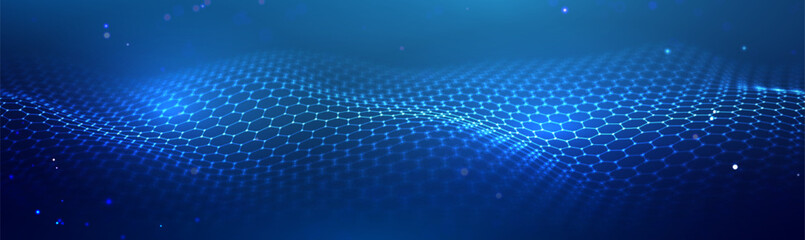 Hexagon medical tech background with honeycomb patterns and blue science motifs. Abstract 3D molecule textures for biotech research or nano network designs. Futuristic mesh grids or chemical shields.