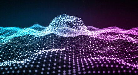 Wall Mural - a digital landscape with glowing nodes and connected lines transitioning from blue to purple